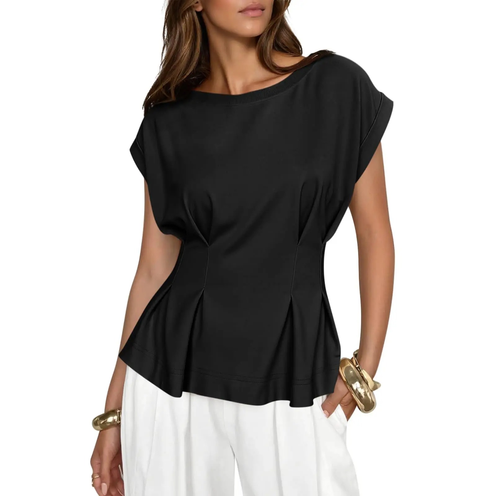 Womens Peplum Tops Summer Babydoll Cap Sleeve T-Shirts Dressy Casual Crew Neck Pleated Blouses
