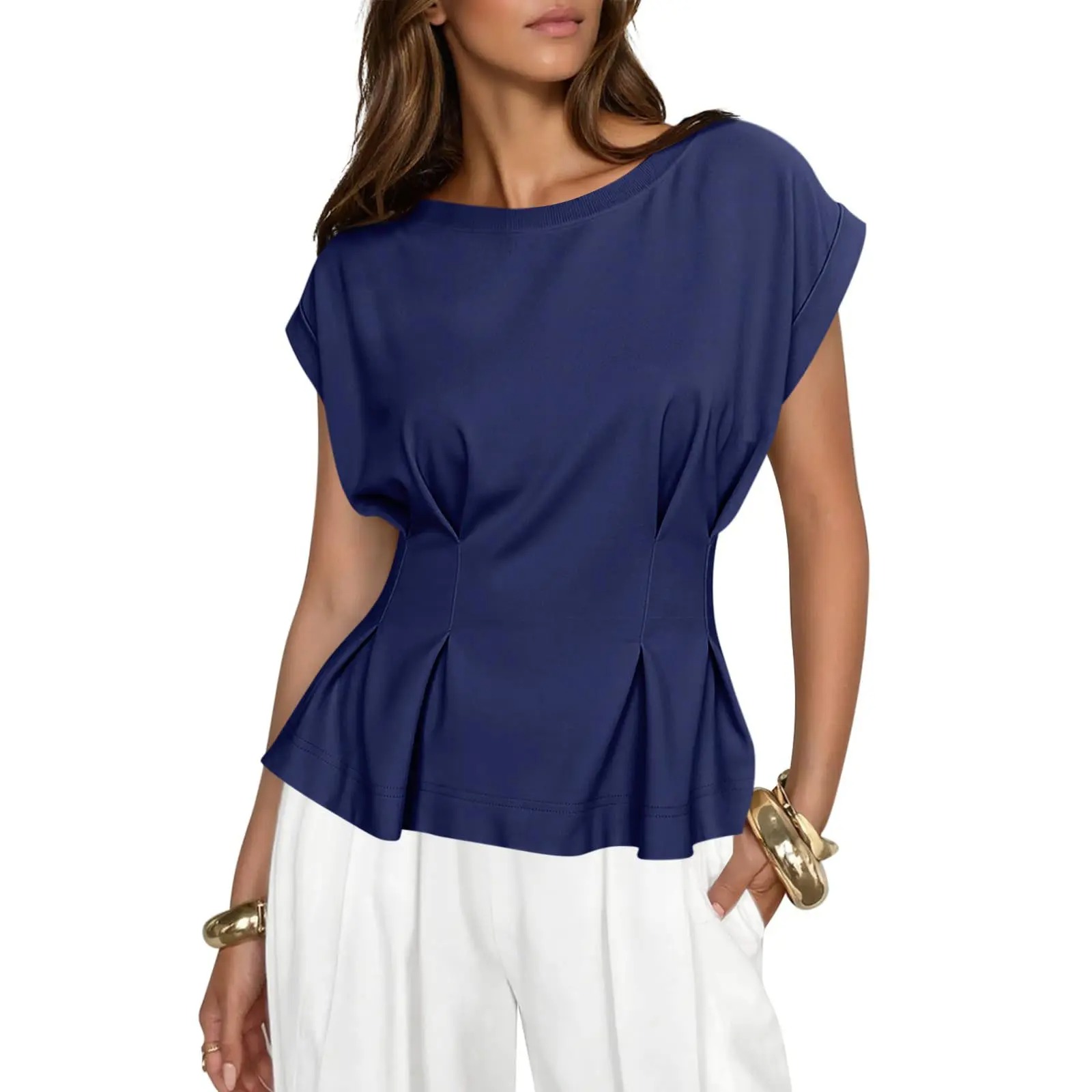Womens Peplum Tops Summer Babydoll Cap Sleeve T-Shirts Dressy Casual Crew Neck Pleated Blouses
