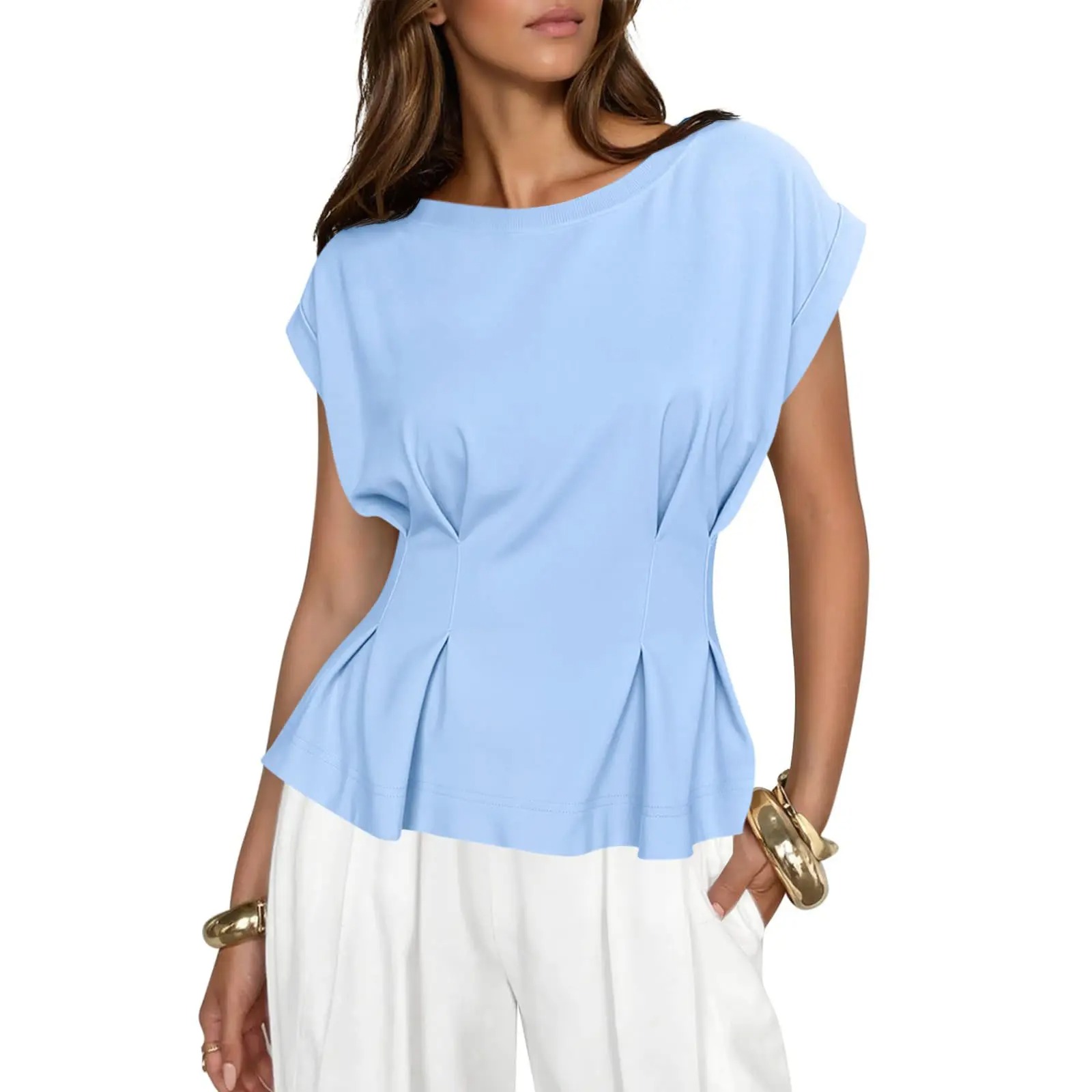 Womens Peplum Tops Summer Babydoll Cap Sleeve T-Shirts Dressy Casual Crew Neck Pleated Blouses