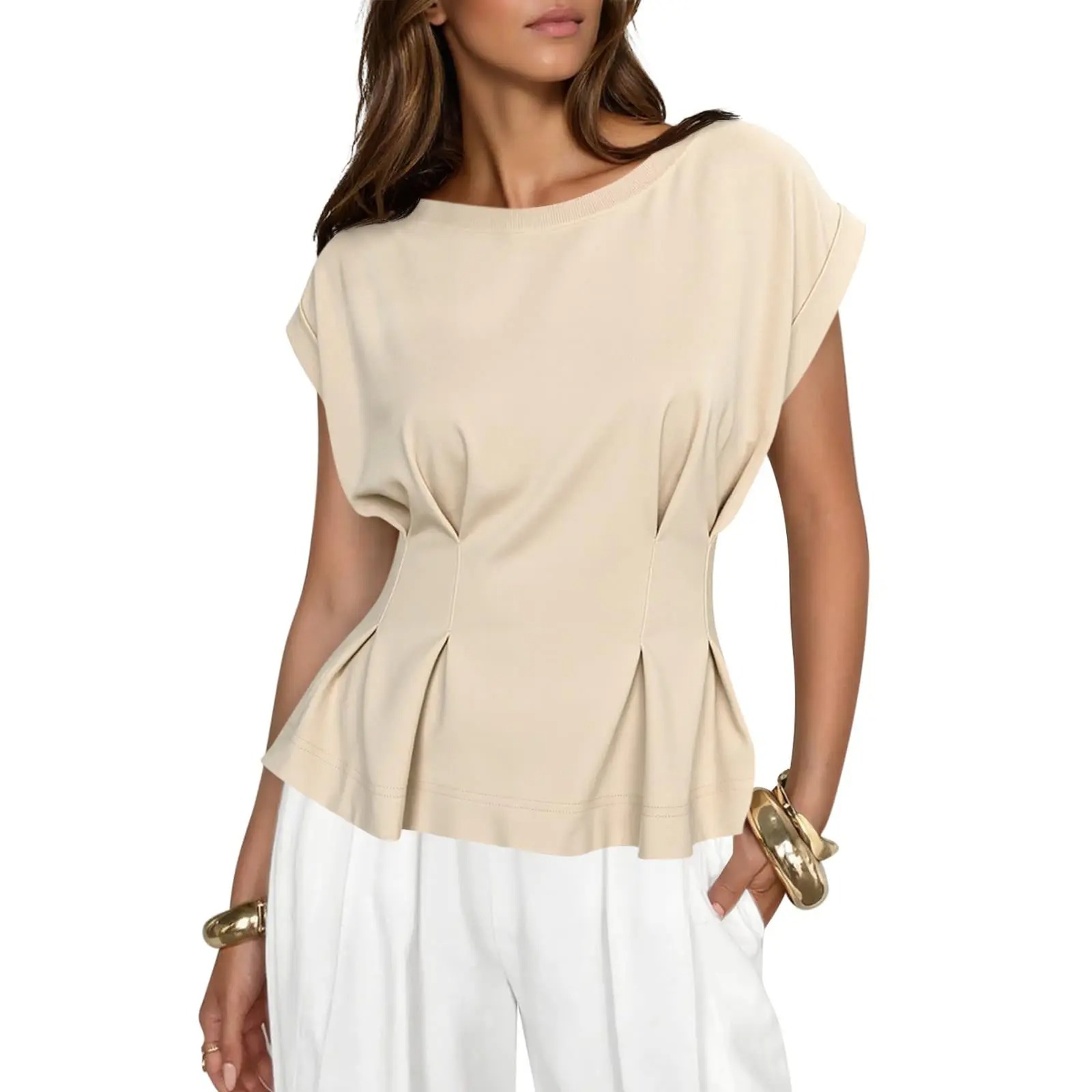 Womens Peplum Tops Summer Babydoll Cap Sleeve T-Shirts Dressy Casual Crew Neck Pleated Blouses