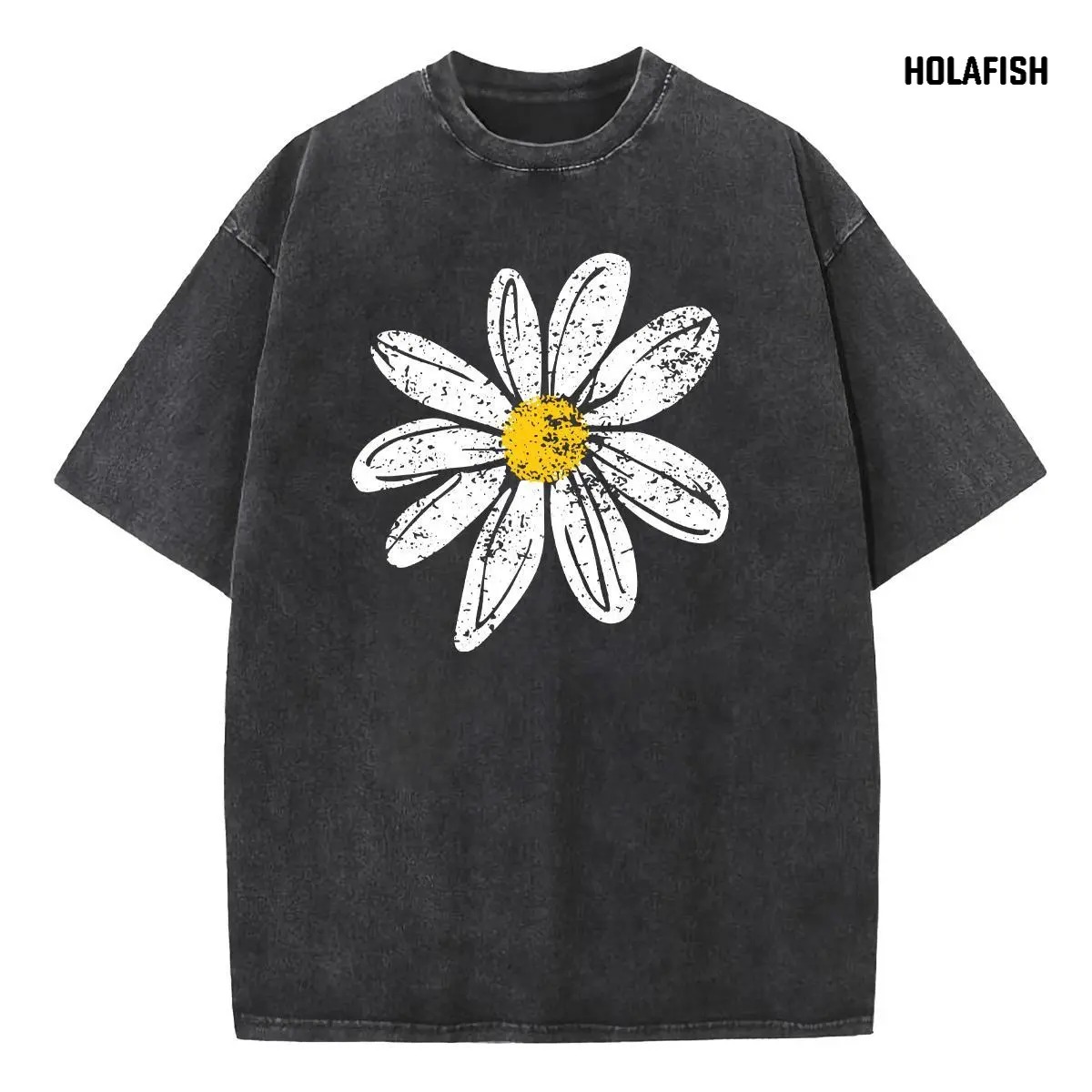 Women's Vintage Floral Graphic T-Shirt, Oversized Acid Wash Cotton Tee with Drop Shoulders