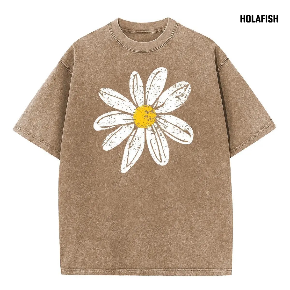 Women's Vintage Floral Graphic T-Shirt, Oversized Acid Wash Cotton Tee with Drop Shoulders