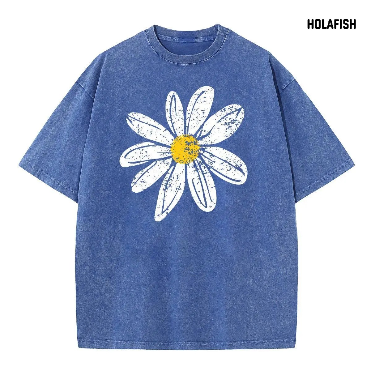 Women's Vintage Floral Graphic T-Shirt, Oversized Acid Wash Cotton Tee with Drop Shoulders