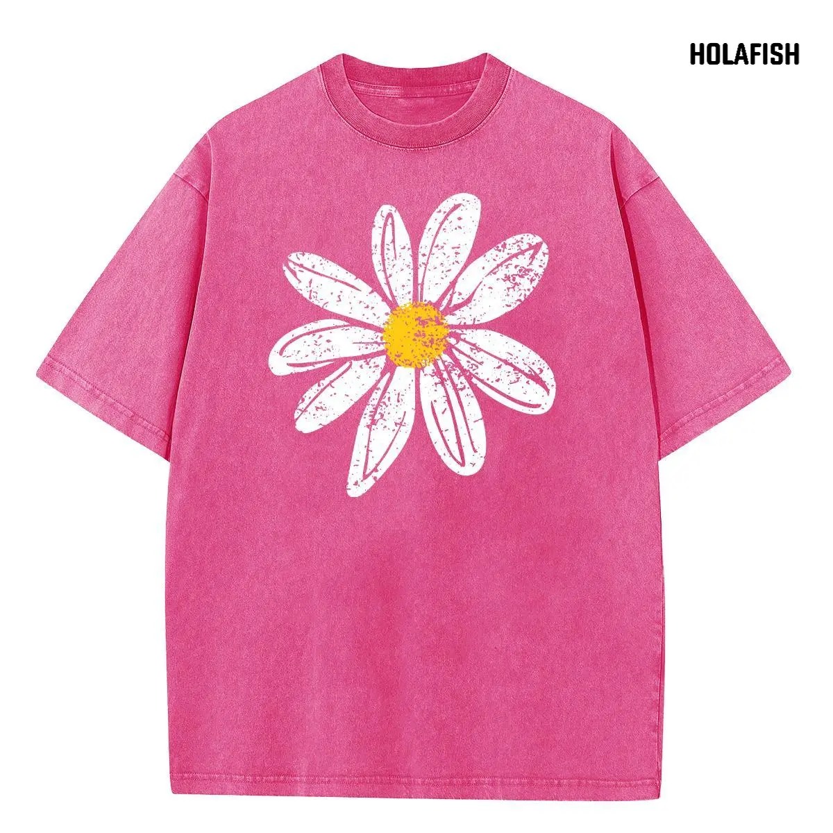 Women's Vintage Floral Graphic T-Shirt, Oversized Acid Wash Cotton Tee with Drop Shoulders