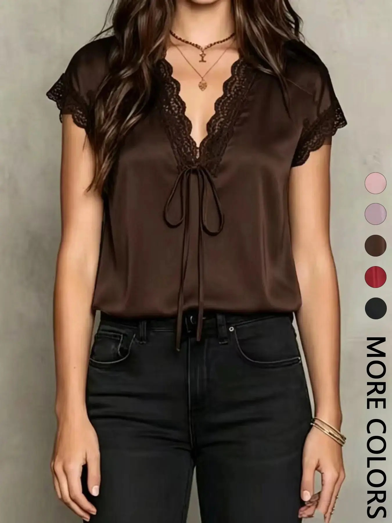 Women'S Satin Lace Trim Short Sleeve Shirt, V Neck Tie Design, Loose Fit Casual Basic Top