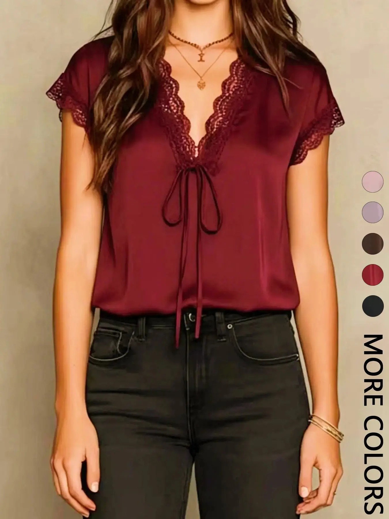 Women'S Satin Lace Trim Short Sleeve Shirt, V Neck Tie Design, Loose Fit Casual Basic Top