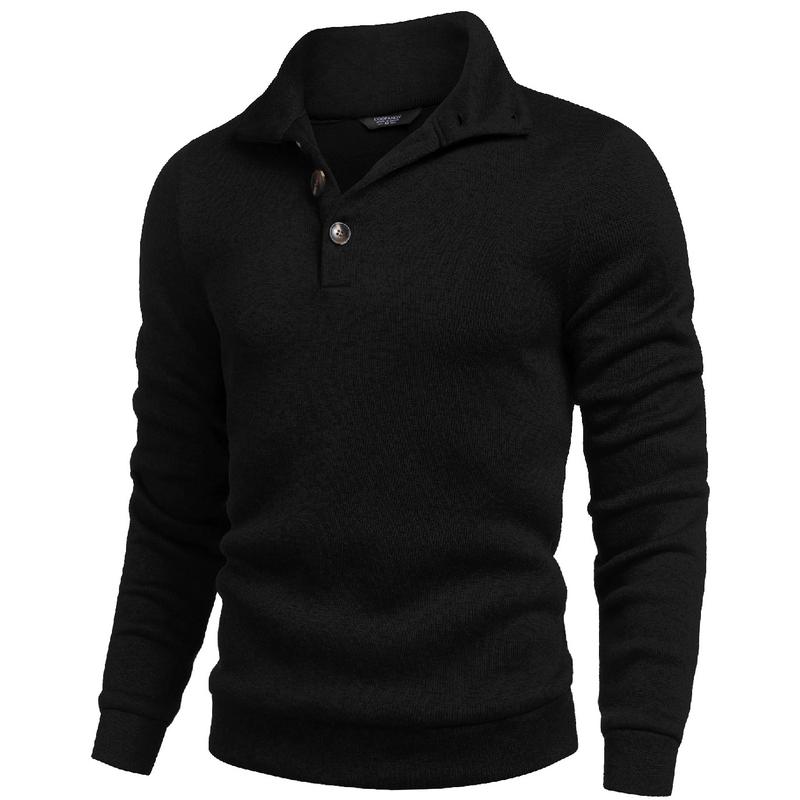 Men's Quarter Button Henley Sweater Casual Knitted Sweatshirt Mock Neck Thermal Fleece Pullover Sweater with Pocket