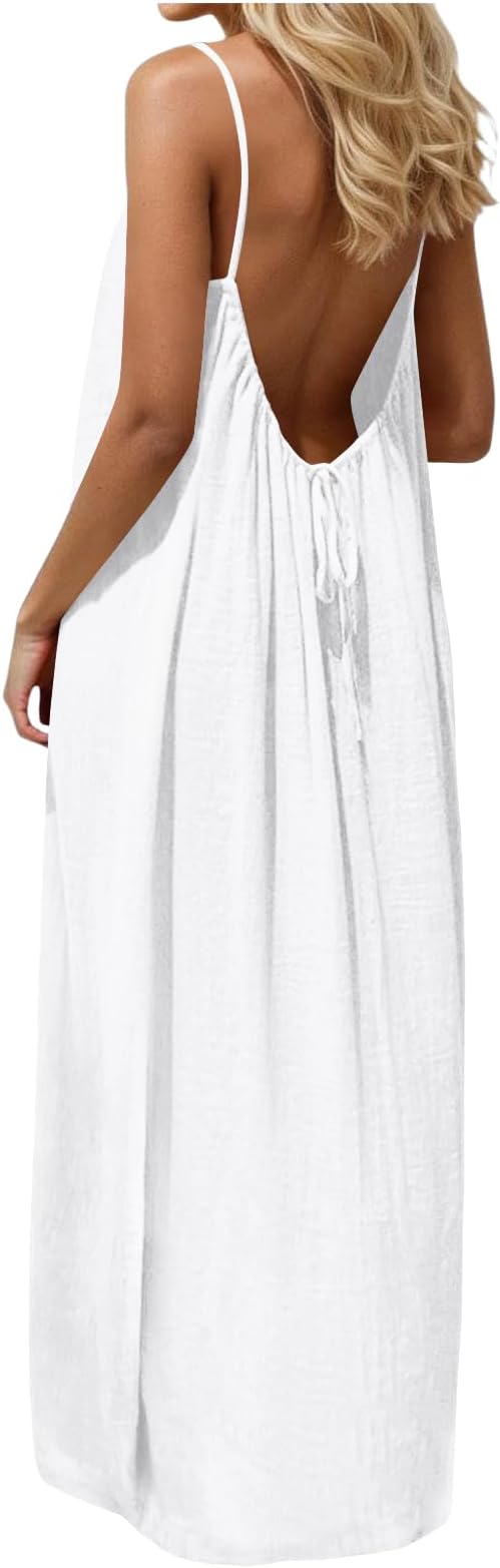 Backless Cami Dresses for Women Cami Lounge Dress Backless Sleeveless House Dress Long Sundress with Back Tie