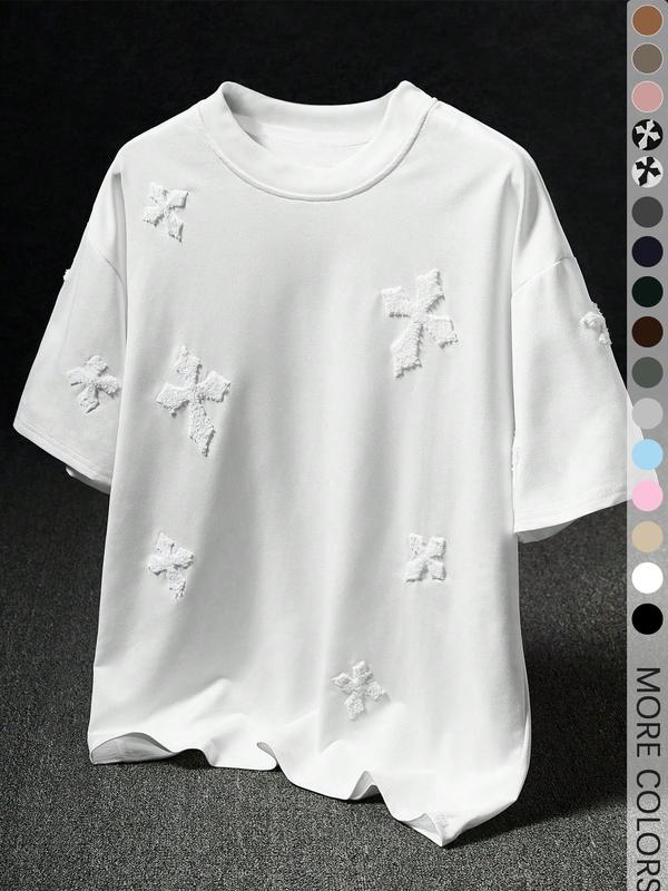 Men's Cross Stitch Embroidered Solid Color Round Neck T-Shirt