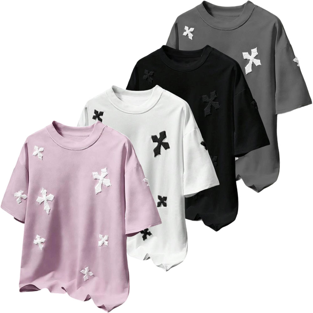 Men's Cross Stitch Embroidered Solid Color Round Neck T-Shirt