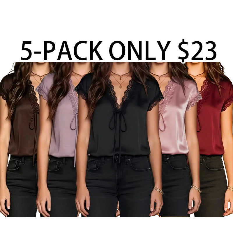 Women'S Satin Lace Trim Short Sleeve Shirt, V Neck Tie Design, Loose Fit Casual Basic Top