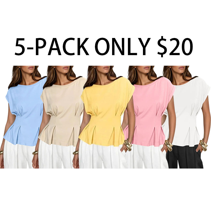 Womens Peplum Tops Summer Babydoll Cap Sleeve T-Shirts Dressy Casual Crew Neck Pleated Blouses