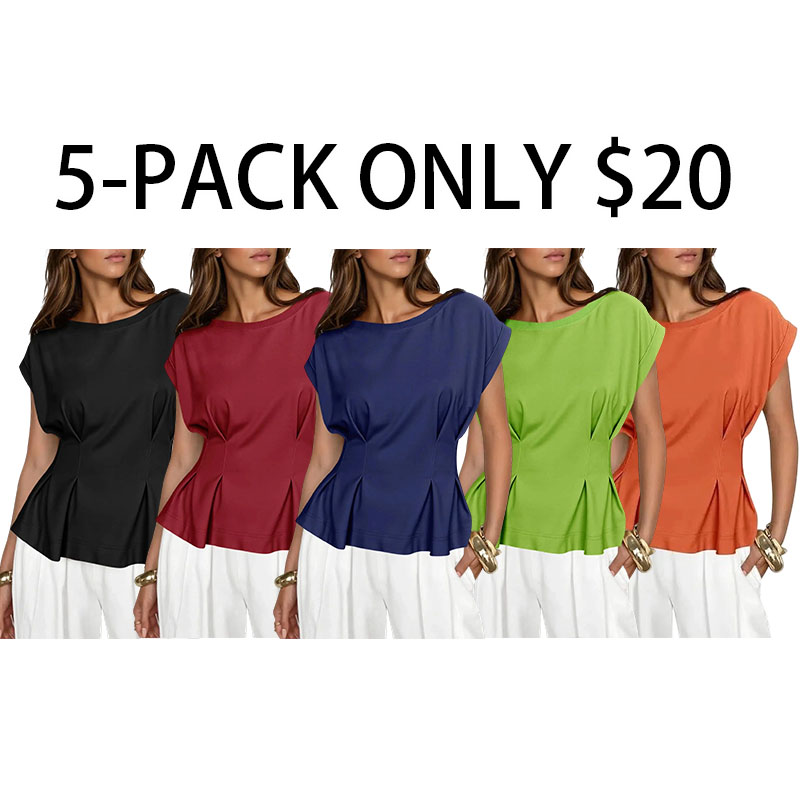Womens Peplum Tops Summer Babydoll Cap Sleeve T-Shirts Dressy Casual Crew Neck Pleated Blouses