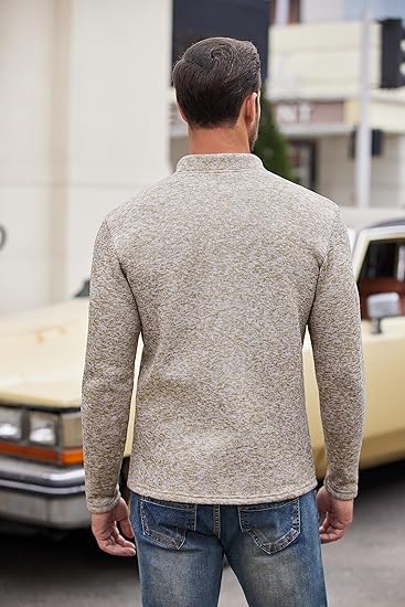 Men's Quarter Button Henley Sweater Casual Knitted Sweatshirt Mock Neck Thermal Fleece Pullover Sweater with Pocket