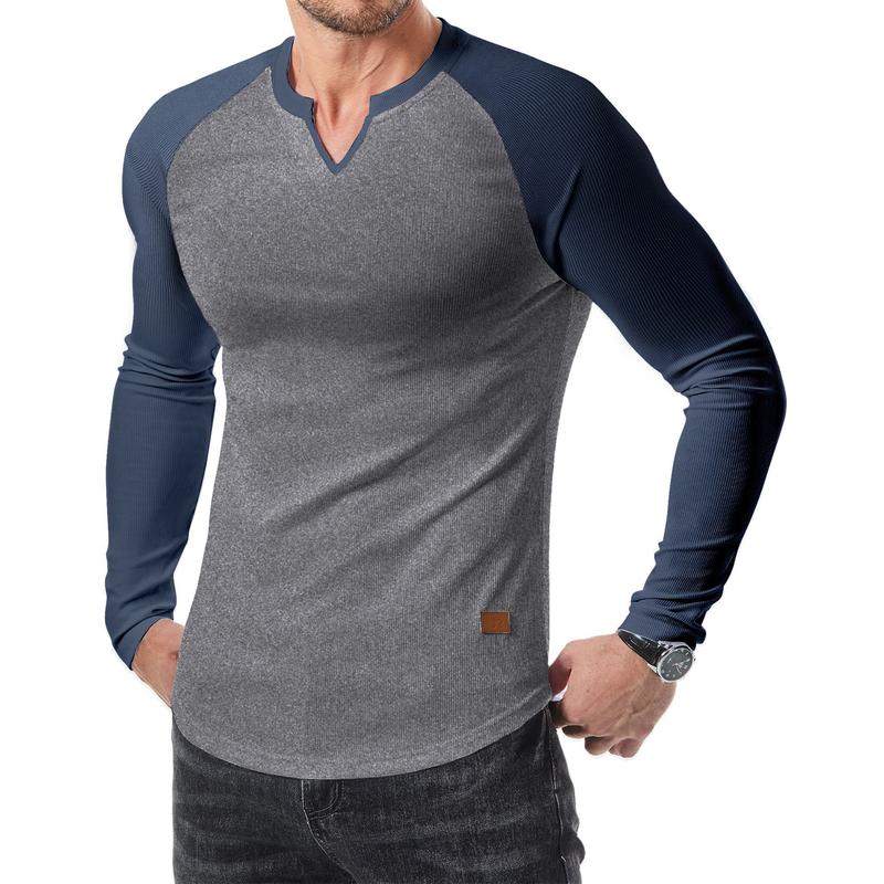 Mens Long Sleeve Muscle T Shirts Casual V-Neck Longline Ribbed Tee Shirts