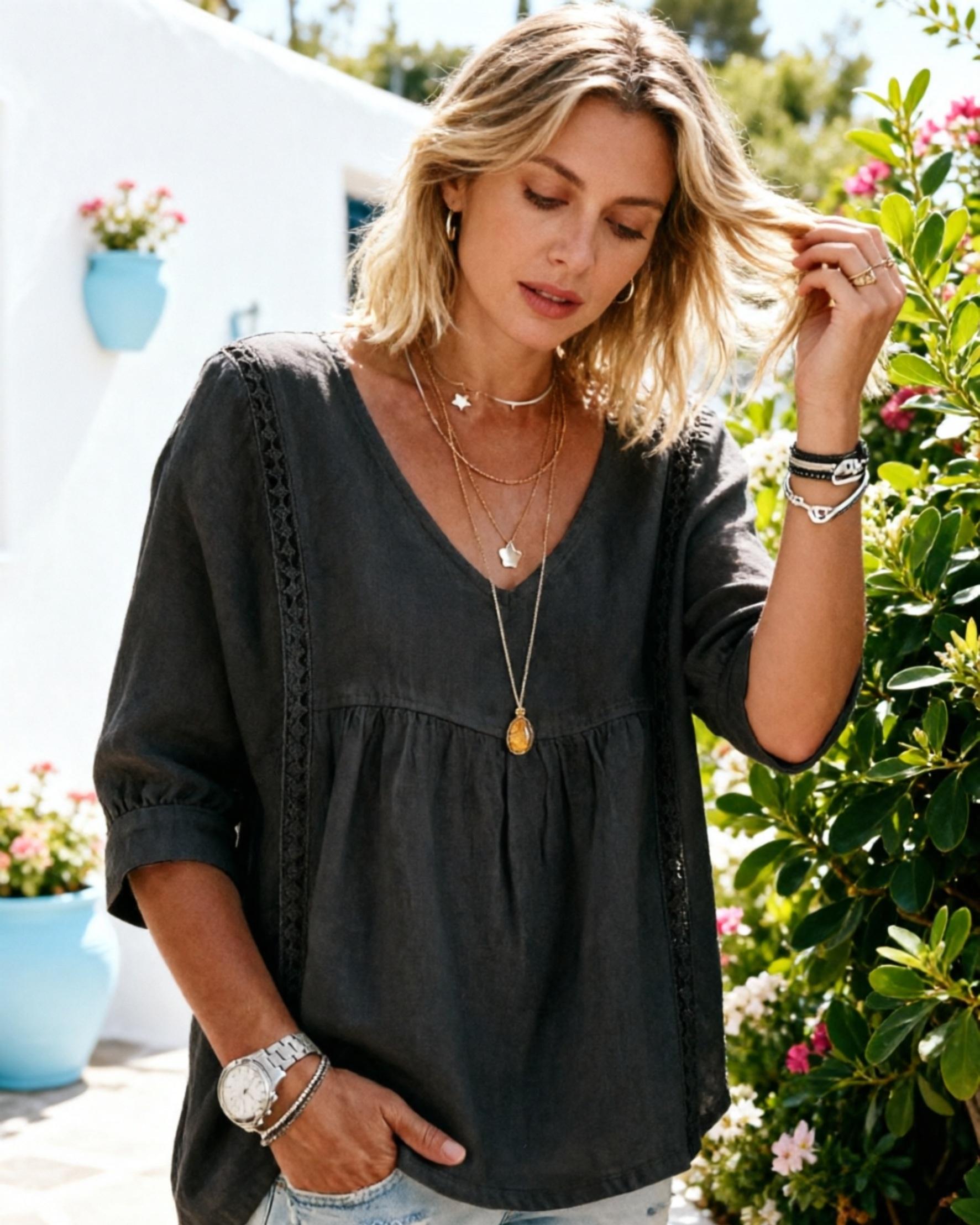 Women's Elegant Lacy V-Neck Blouse - 3/4-Length Puff Sleeves, Side Lace Cut-Outs, Midsection-Concealing Fit, Chic Loose Design, Ideal for Bohemian Office & Casual Wear Lace Top Shirts, Elegance, Office Siren