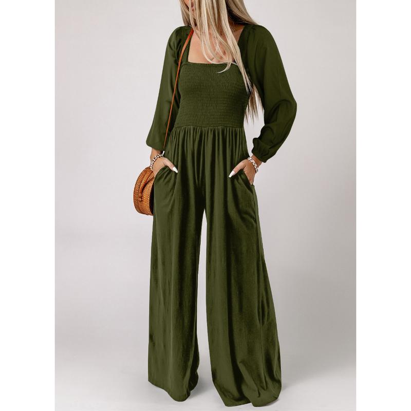 Women's Casual Loose Overalls Jumpsuits One Piece Long Sleeve Wide Leg Long Pant Rompers With Pockets
