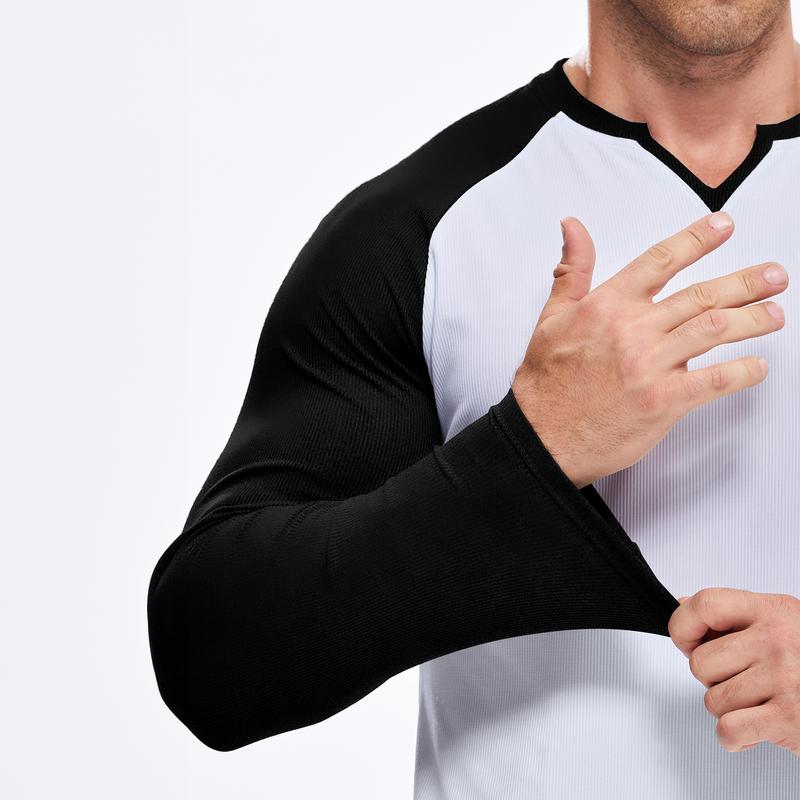 Mens Long Sleeve Muscle T Shirts Casual V-Neck Longline Ribbed Tee Shirts