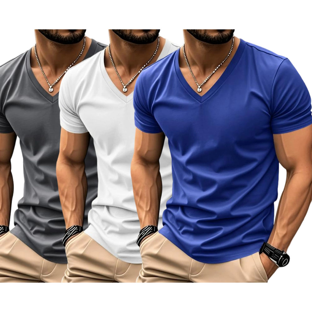 Men's Solid V-Neck Short Sleeve T-Shirt, Soft Breathable Heart-Neck Top, Classic Basic Versatile Tee – Suitable for Daily Wear, Layering & Outdoor Sports, Casual Fashion Must-Have for Men