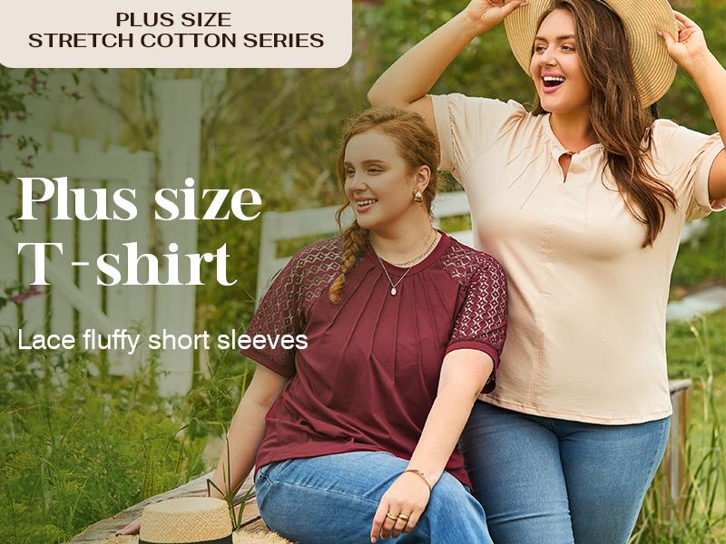Eytino Plus Size Tops for Women Summer Lace Short Sleeve Crewneck Loose Casual Blouse Tunic T Shirts(1X-5X)