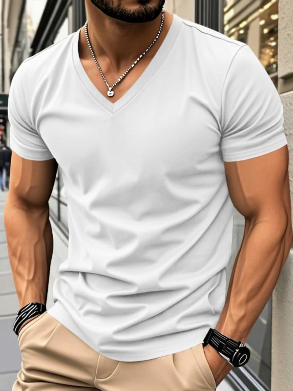 Men's Solid V-Neck Short Sleeve T-Shirt, Soft Breathable Heart-Neck Top, Classic Basic Versatile Tee – Suitable for Daily Wear, Layering & Outdoor Sports, Casual Fashion Must-Have for Men