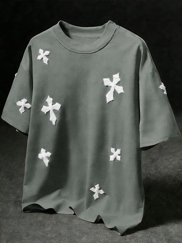 Men's Cross Stitch Embroidered Solid Color Round Neck T-Shirt