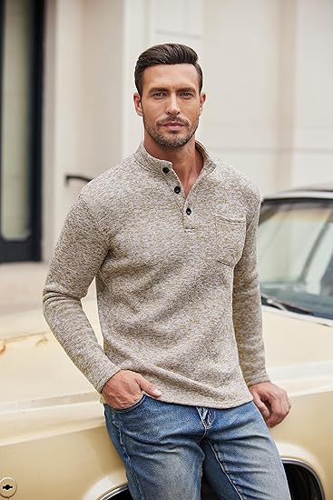 Men's Quarter Button Henley Sweater Casual Knitted Sweatshirt Mock Neck Thermal Fleece Pullover Sweater with Pocket