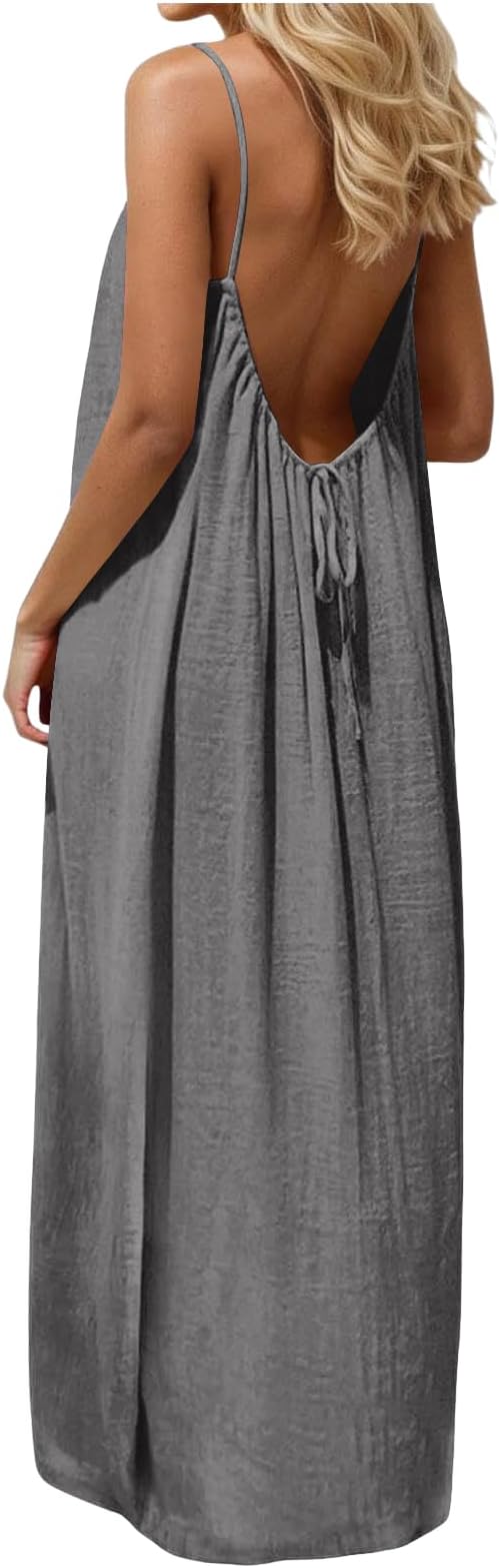 Backless Cami Dresses for Women Cami Lounge Dress Backless Sleeveless House Dress Long Sundress with Back Tie