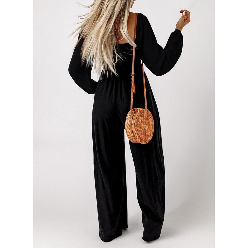 Women's Casual Loose Overalls Jumpsuits One Piece Long Sleeve Wide Leg Long Pant Rompers With Pockets