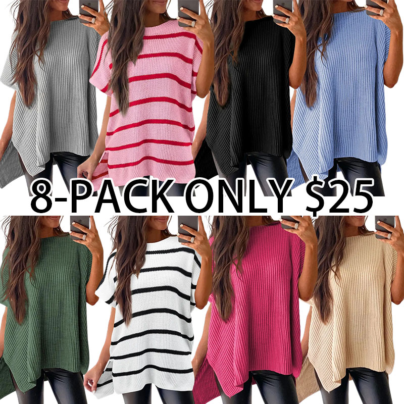 Women's Casual Oversized Solid Knit Pullover Sweater with Puff Short Sleeves