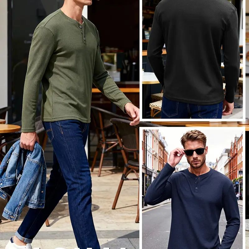 Men's Waffle-Knit Henley Long-Sleeve Shirt – Soft Breathable Casual Everyday Top