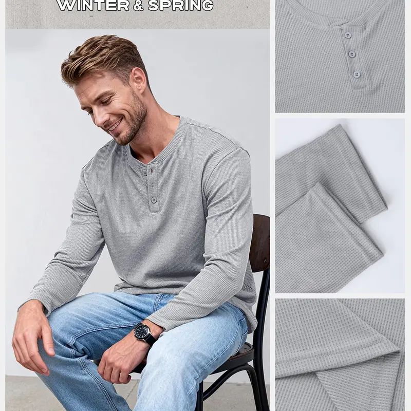 Men's Waffle-Knit Henley Long-Sleeve Shirt – Soft Breathable Casual Everyday Top