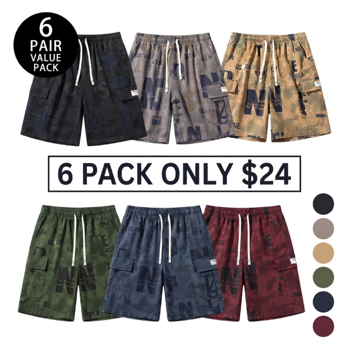 Men’s summer shorts with letter print, drawstring, and multiple pockets
