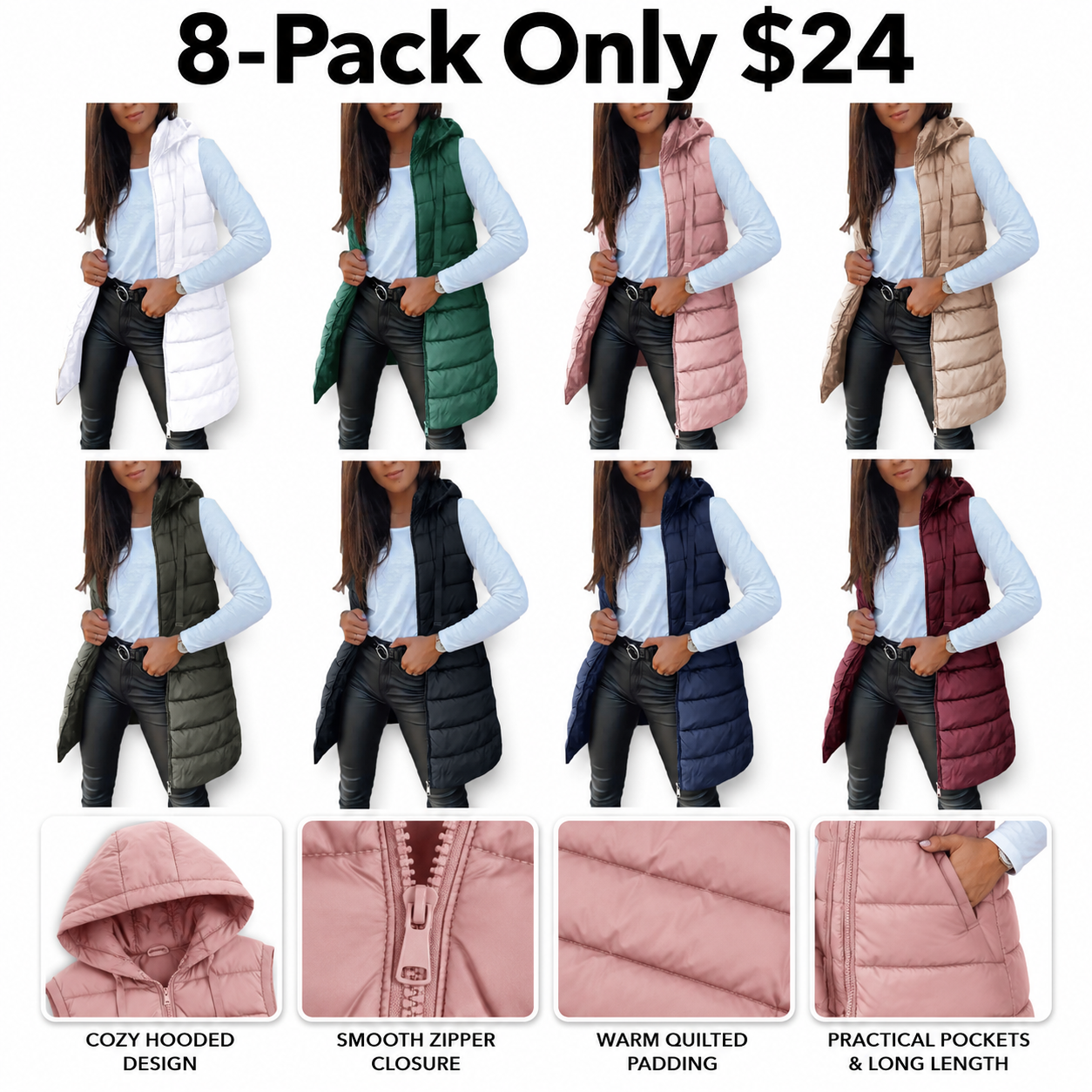 🧥 Women's Solid Color Long Puffer Vest – Sleeveless Hooded Winter Outwear