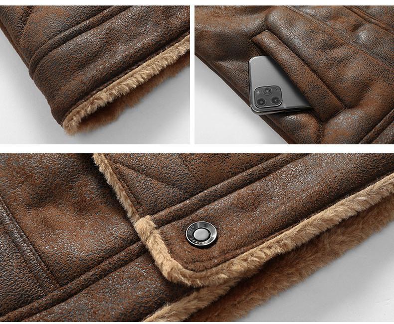 Men's Brown Faux Shearling Leather Trucker Jacket - Vintage Bike Style, Plush Long Sleeve, Multiple Pockets, Suitable for Daily Casual & Motorcycle Riding (Menswear Outerwear)