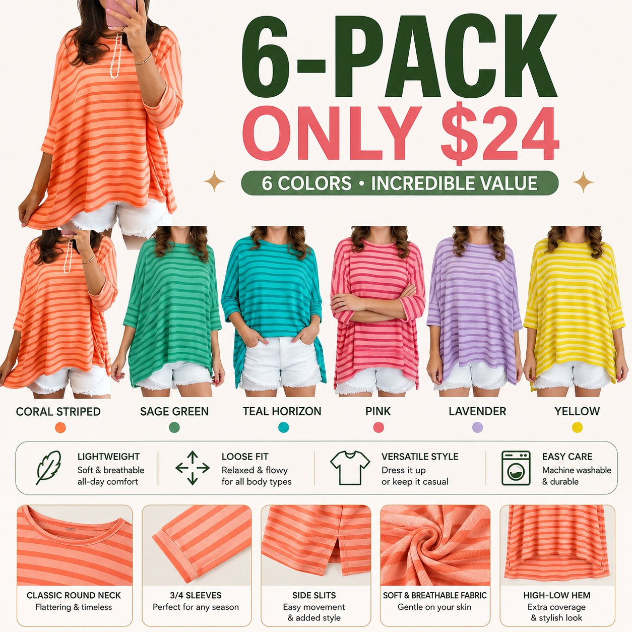 Women’s Spring Striped Raised Rib 3/4 Sleeve Top