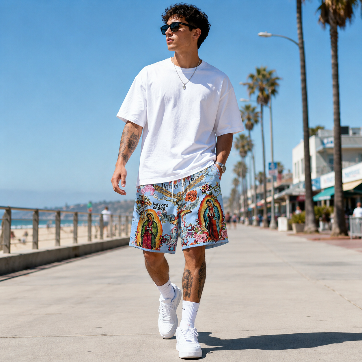  Virgin Mary & Jesus Print Streetwear Shorts