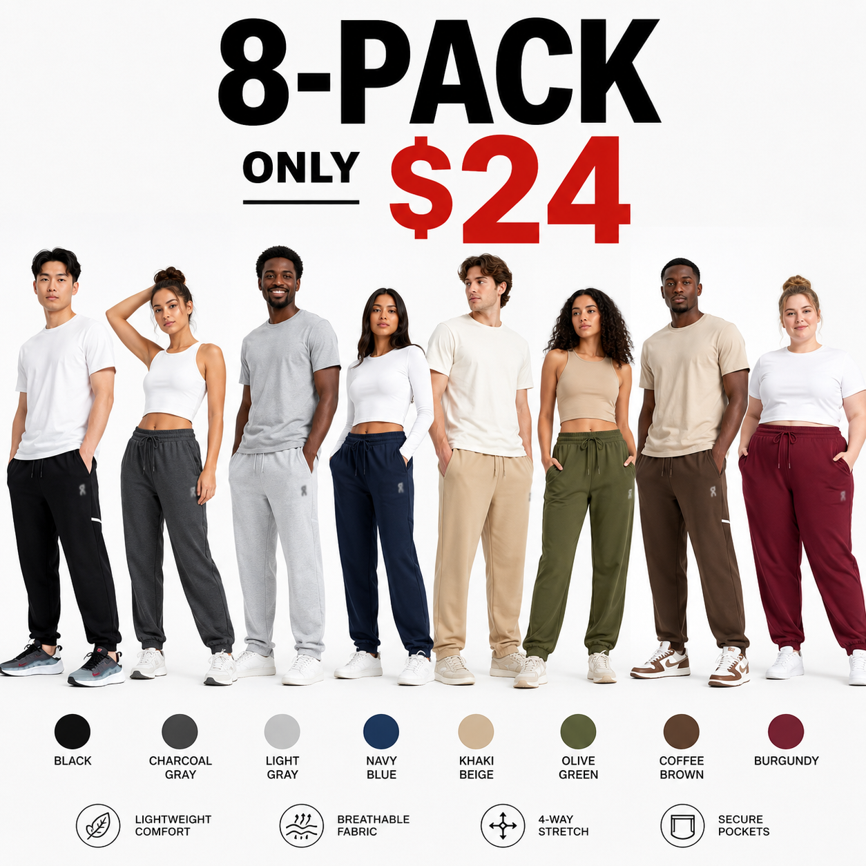 Men's Everyday Flex Drawstring Jogger Pants – Lightweight Tapered Sweatpants