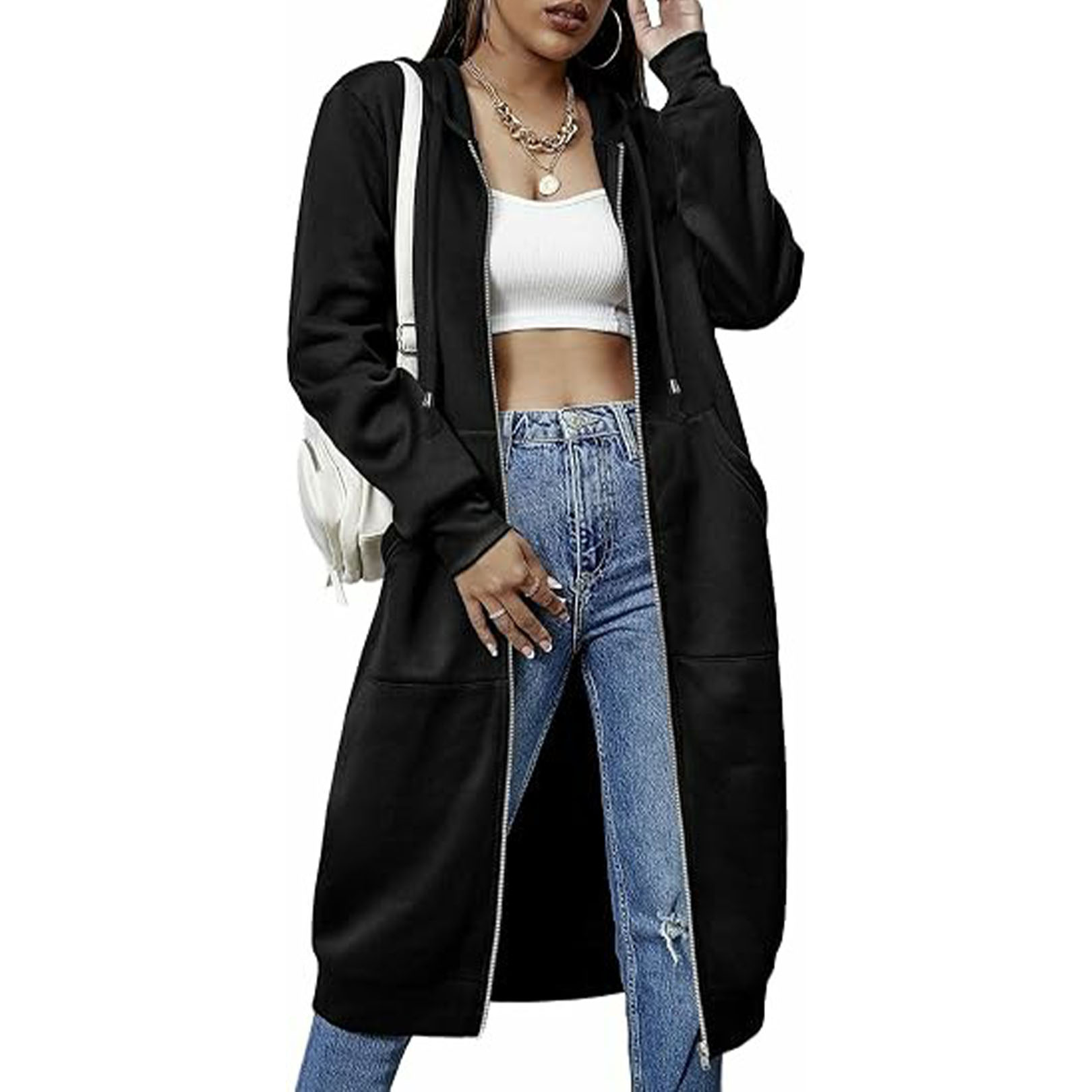 Women’s Long Fleece Hoodie Jacket – Zip Up Tunic Sweatshirt with Pockets