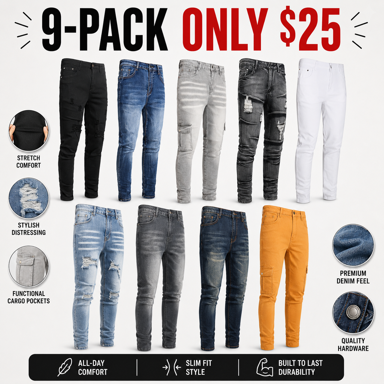 Men's Stretchy Skinny Denim Jeans - Elastized Comfort Waist