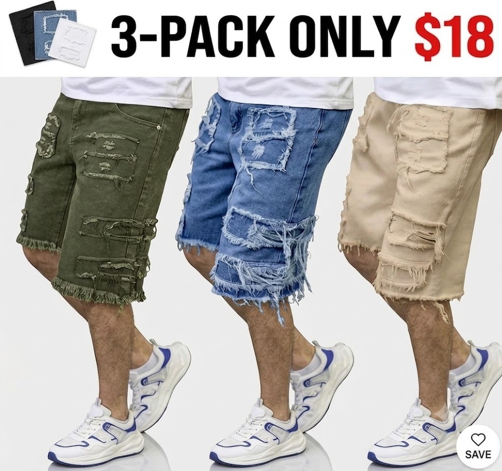 Distressed raw-edge denim shorts with slight stretch; pants without a drawstring