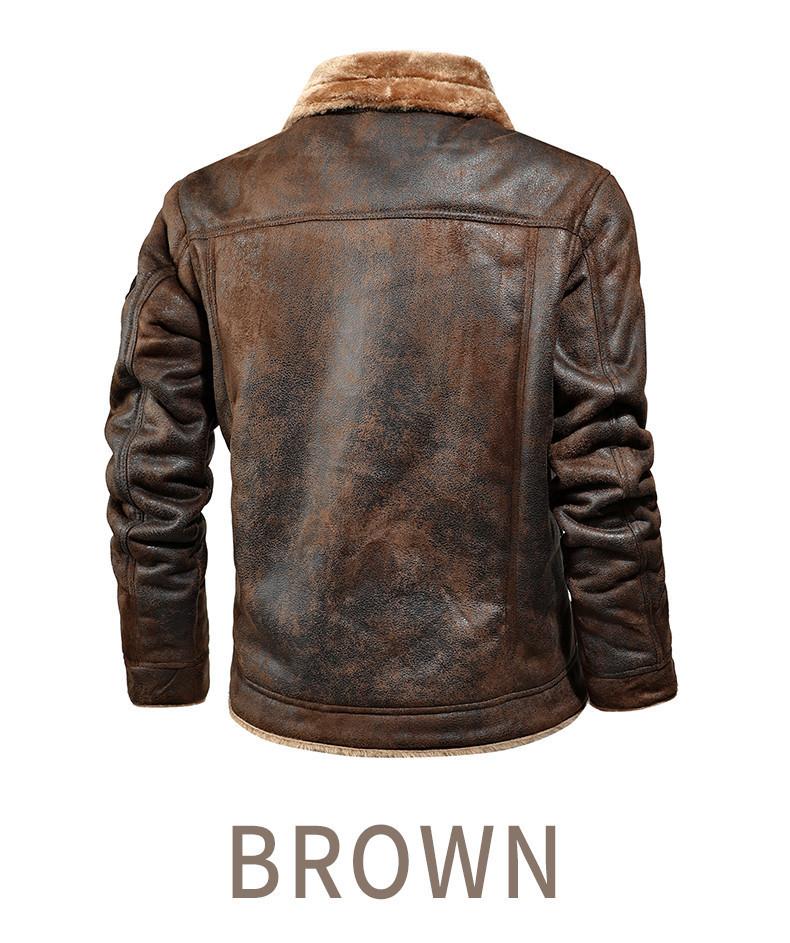 Men's Brown Faux Shearling Leather Trucker Jacket - Vintage Bike Style, Plush Long Sleeve, Multiple Pockets, Suitable for Daily Casual & Motorcycle Riding (Menswear Outerwear)