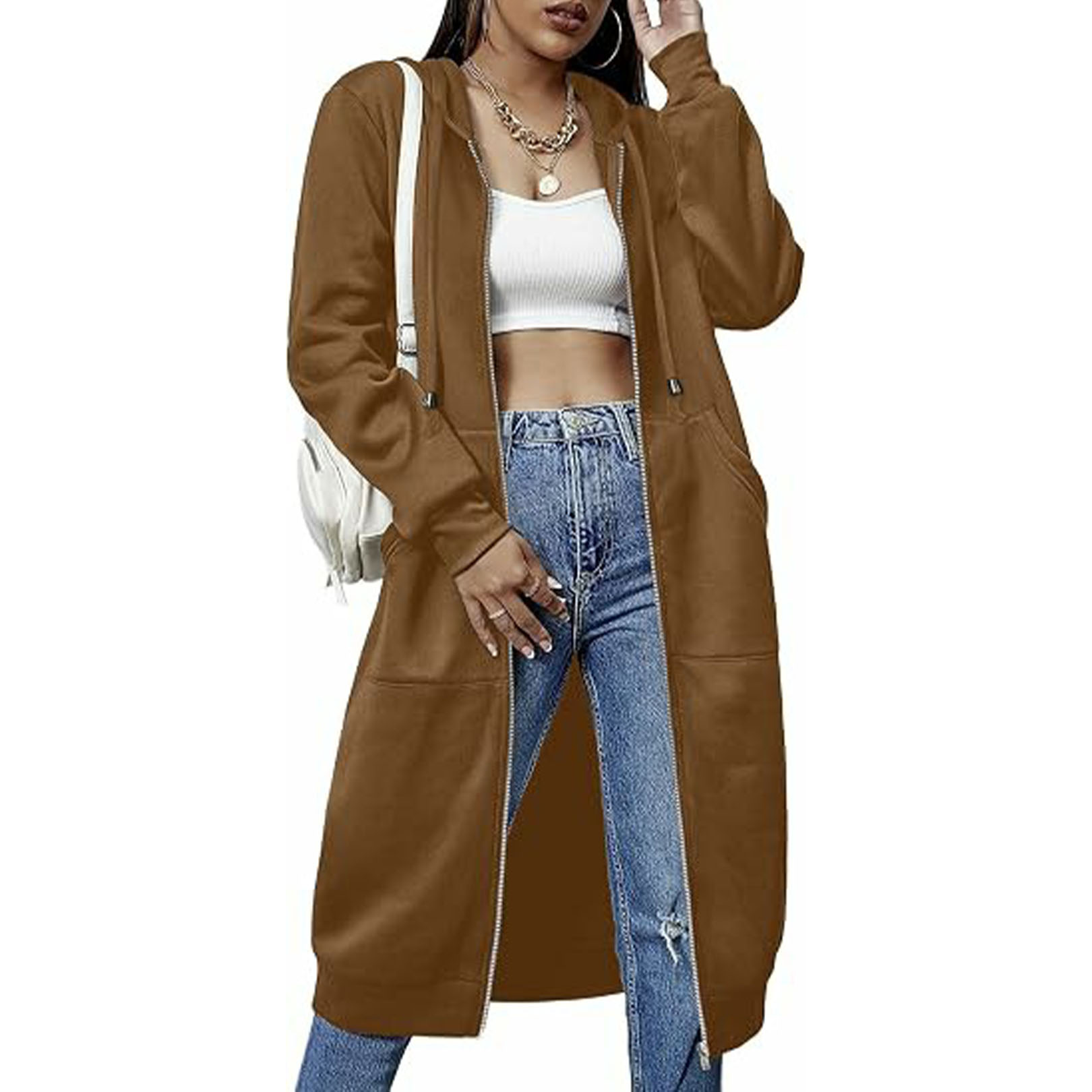 Women’s Long Fleece Hoodie Jacket – Zip Up Tunic Sweatshirt with Pockets