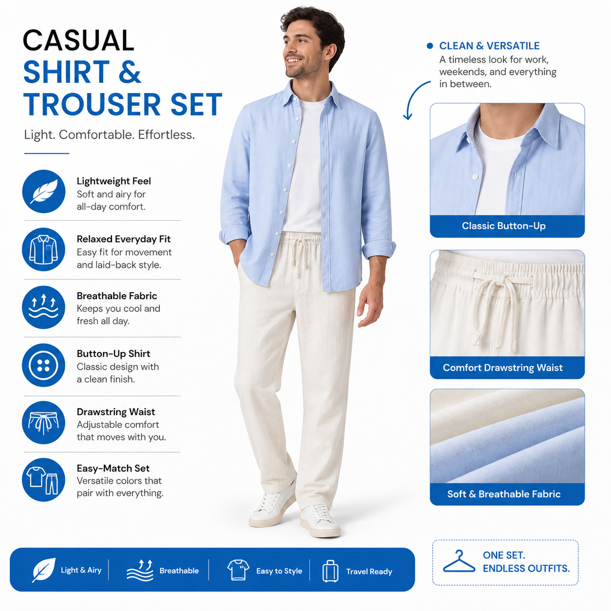 👔 Men's Lightweight Linen 2-Piece Set – Loose Fit Button-Down Shirt & Pants