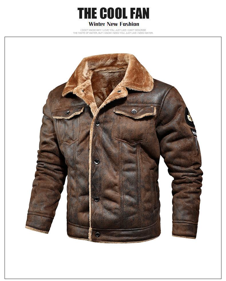 Men's Brown Faux Shearling Leather Trucker Jacket - Vintage Bike Style, Plush Long Sleeve, Multiple Pockets, Suitable for Daily Casual & Motorcycle Riding (Menswear Outerwear)