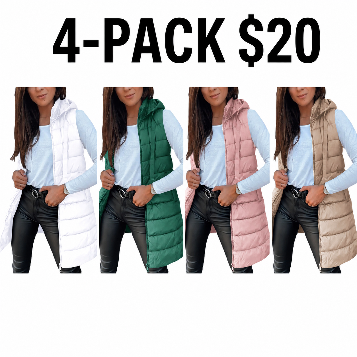 🧥 Women's Solid Color Long Puffer Vest – Sleeveless Hooded Winter Outwear