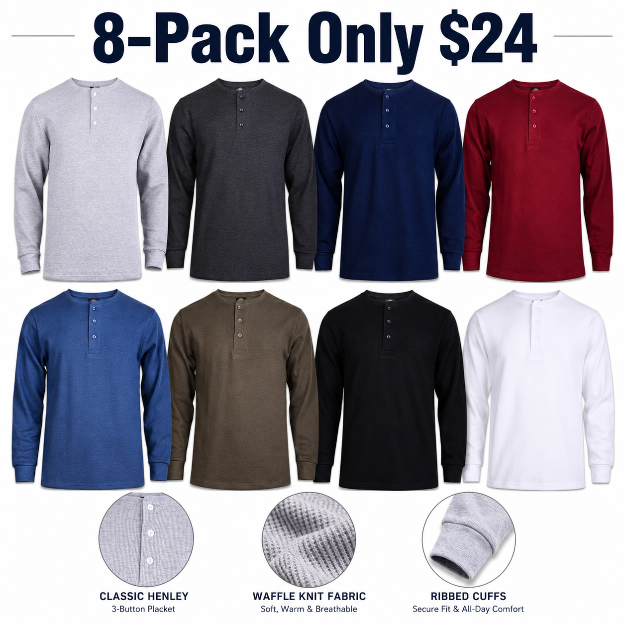 Men's Waffle-Knit Thermal Henley Shirt – Breathable Long Sleeve Casual Pullover