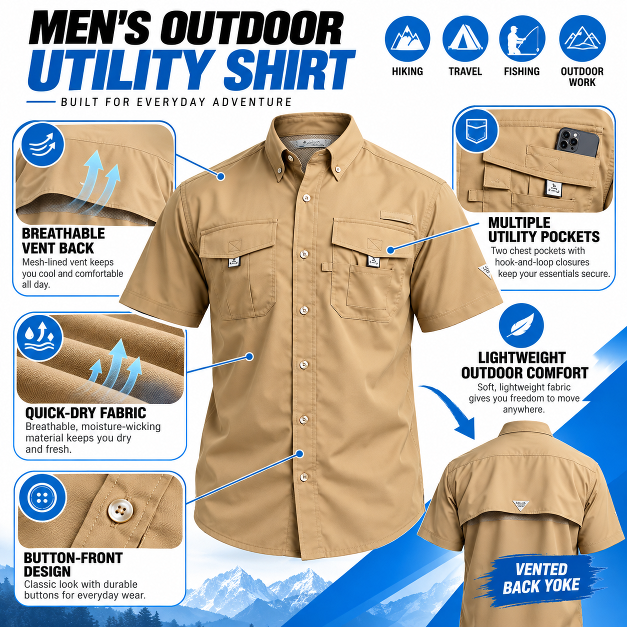 Men's Quick-Dry Outdoor Utility Shirt – Breathable Short-Sleeve Button-Up with Multi-Pocket Storage