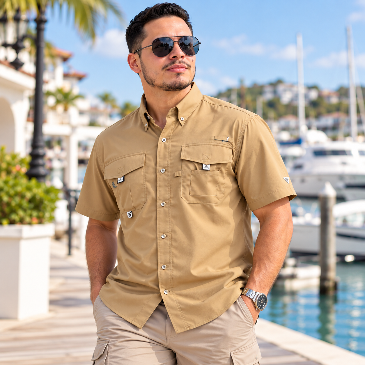 Men's Quick-Dry Outdoor Utility Shirt – Breathable Short-Sleeve Button-Up with Multi-Pocket Storage
