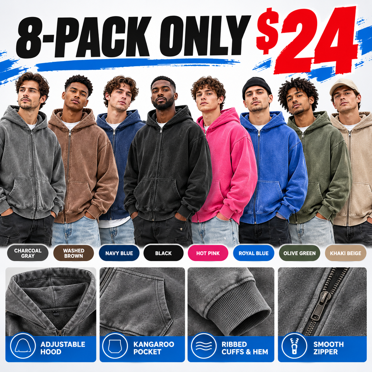 Men's Retro Washed Full Zip Hoodie – Cotton Fleece Lined Boxy Fit Sweatshirt with Kangaroo Pocket